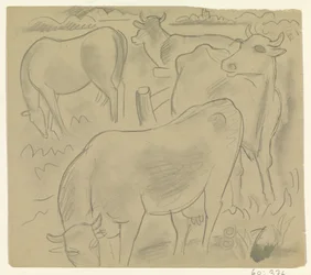 Trois vaches et un cheval dans le pré