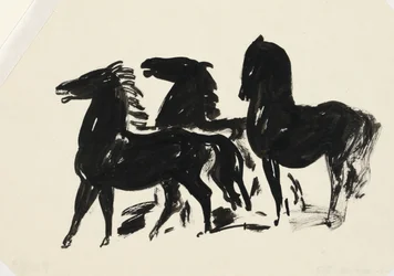Trois chevaux noirs regardant vers la gauche