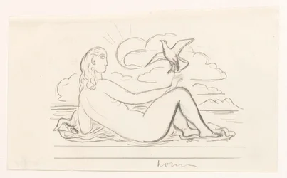 Nu féminin allongé sur la plage et une mouette