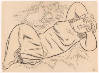 Femme nue allongée avec des chevaux