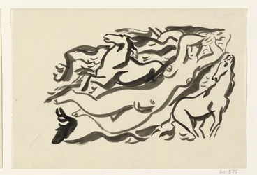 Femme nue et deux chevaux dans la mer