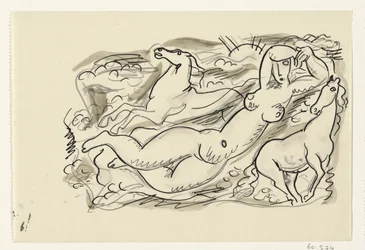 Femme nue et deux chevaux dans la mer