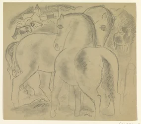 Deux chevaux dans un paysage avec des vaches