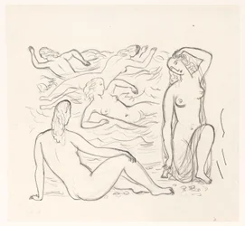 Cinq femmes nues, dans les vagues ou sur la plage