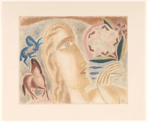 Tête de femme et deux chevaux
