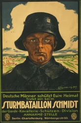 Sturmbataillon Schmidt; Deutsche Männer schütt Eure Heimat! 1919 (lithographie en couleur)