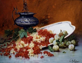 Nature morte de groseilles rouges et blanches et reine-claude (reine claude). Peinture de Leon-Charles (Leon Charles) Huber (1858-1928) Collection privee.