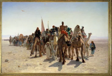 Pèlerins allant à La Mecque. Caravane de voyageurs à dos de chameau dans le désert. Peinture de Léon Auguste Adolphe Belly (1827-1877), 1861, 1,6 x 2,4 m, Paris, musée d