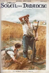 La moisson. Paysans fauchant le blé dans un champ. (d