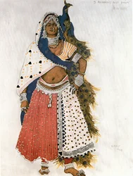 Bayadère et paon, esquisse de costume pour le ballet " Dieu Bleu " de ReynaldoHahn (aquarelle, crayon et argent sur papier)