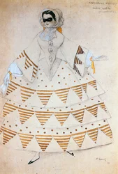 Noble Waltz, esquisse de costume pour le ballet " Carnaval " sur une musique de Robert Schumann (aquarelle, crayon et lavis sur papier)