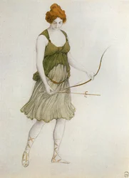 Nymphe chasseresse ; esquisse de costume pour le ballet " Sylvia " de Léo Delibes (aquarelle, crayon et bronze sur papier)