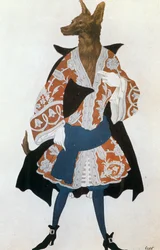 Le loup, esquisse de costume pour le ballet " La Belle au bois dormant " de Tchaikowski (aquarelle, gouache et or sur papier)