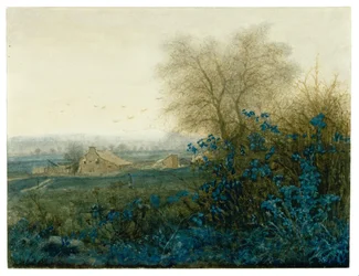 Paysage avec une ferme et un paysan tirant une brouette