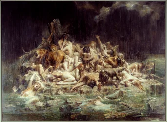 Le Déluge. Un amas de corps humains et animaux sous les torrents de pluie de la colère du ciel, certains sont déjà noyés, d