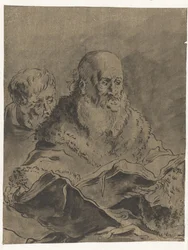 Homme barbu en manteau de fourrure avec deux livres ouverts