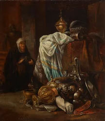 Nature morte avec objets orientaux et récipients en métal
