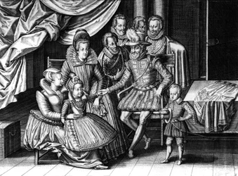 Le roi Henri IV de France avec sa femme Marie de Médicis et deux de leurs enfants : le futur Louis XIII et Élisabeth, gravure de Léonard Gaultier et Le Clerc, vers 1605