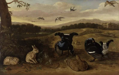 Tétras lyres, lapins et hirondelles dans un parc, vers 1700