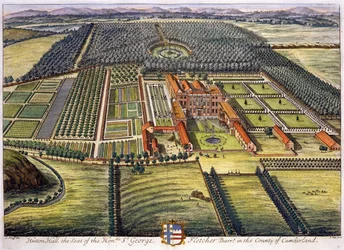 Hutton Hall dans le comté de Cumberland gravé par Johannes Kip
