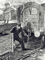 Un dessin commentant les accidents des travailleurs ferroviaires. Illustré par Leonard Raven-Hill (1867-1942) un artiste, illustrateur et caricaturiste anglais, 20e siècle