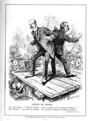 Lloyd George et Harcourt, tous deux ministres du gouvernement libéral, en désaccord sur le droit de vote des femmes, 1910