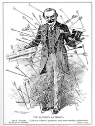 Lloyd George, représenté comme le martyr, Saint Sébastien, attaqué pour sa loi sur l