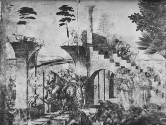 Adoration des Mages - Cavaliers à mi-distance sur la gauche