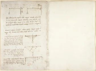 Arundel 263, f.1v, f.14 Notes et diagrammes sur la mécanique, du 