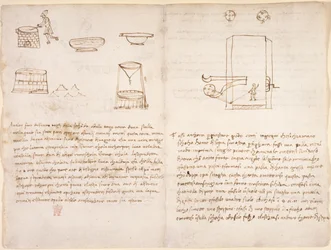 Arundel 263, f.259v, f.260 Notes et croquis grossiers sur le processus de production du salpêtre pour préparer la poudre à canon (pas de la main de Léonard)