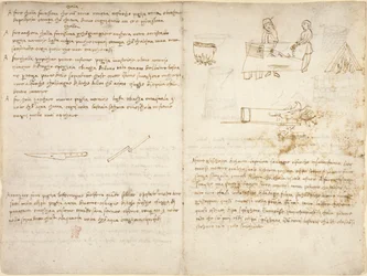 Cinq méthodes de préparation de différents types de colle et le processus de recuit du fer, accompagnés de croquis grossiers (non de la main de Léonard) du 
