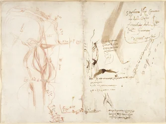 Arundel 263, f.275v, f.274 Croquis planimétrique de la rivière Arno; notes sur les distances et les directions