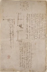 Arundel 263, f.281v Notes et croquis sur la mécanique (vue de côté), du 