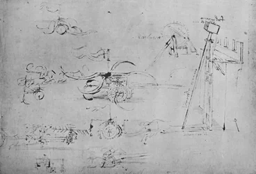 Chariots armés de faux et fléaux et cavalier avec trois lances, vers 1480, 1945