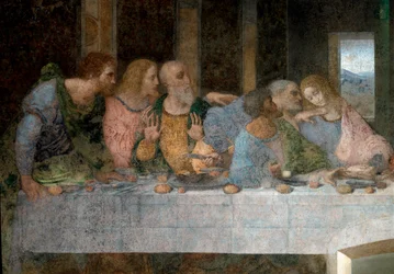 Détail de La Cène représentant, de gauche à droite, les apôtres saint Barthélemy, Jacques, fils d
