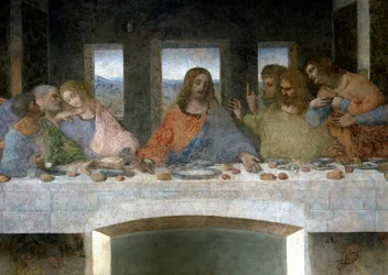 Détail de La Cène représentant Judas, Pierre et Jean, Christ au centre