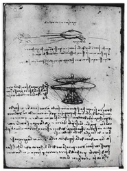 Manuscrit de Paris B, fol. 83v : Page de texte et croquis pour une machine volante, 1488-90