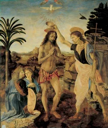 Le Baptême du Christ, vers 1475-1478, par Andrea del Verrocchio (1436-1488) et Léonard de Vinci (Léonard de Vinci) (1452-1516)