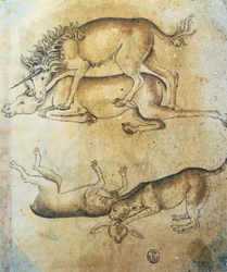 Licorne attaquant une vache et léopard attaquant un mouton, étude d