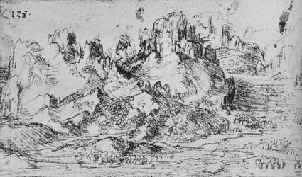 Vue sur une vallée avec des montagnes au-delà, vers 1480