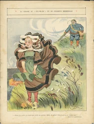 Illustration de Léonce Burret (1865-1915) dans Le Rire, 03/09/10 - La chasse au cul-blanc blanc et le chasseur factice - Campagne, Loisirs, Nature Végétation, Chasse chasseur, Marine maritime balnéaire - Paysans, Fermiers