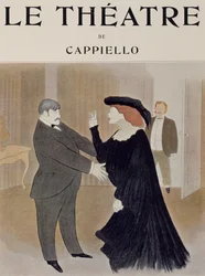 Acteurs Lucien Quitry et Jane Harding dans une scène de La Chatelaine, jouée au Théâtre de la Renaissance à Paris, dessin de Leonetto Cappiello, page de titre du journal Théâtre, avril 1903