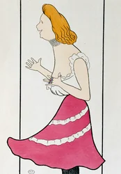 Actrice Mademoiselle Cassive dans La Dame de Chez Maxim, par Georges Feydeau, caricature de 1899 par Leonetto Cappiello