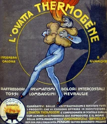 Publicité pour la laine de coton thermogène soignant les rhumes, douleurs internes, rhumatismes, toux, névralgies et lumbagos