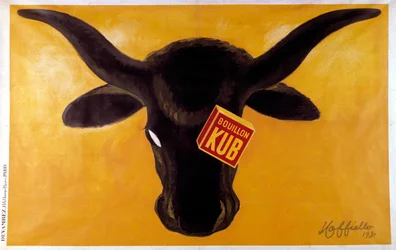 Affiche publicitaire pour le bouillon Kub avec une tête de bœuf