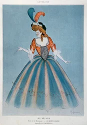 La comédienne Gabrielle Charlotte Reyu dite Réjane (1856-1920) dans le rôle de la Montansier. Aquarelle de Leonetto Cappiello (1875-1942) Paris, arts décoratifs