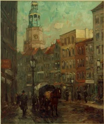Rue avec fiacre, clocher en arrière-plan
