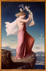 Portrait de la poétesse grecque Sappho jouant de la lyre, peinture de Leopold Burthe (1823-1860), 1849. Soleil. 1,06 x 0,69 m, Carcassonne, Musée des Beaux-Arts
