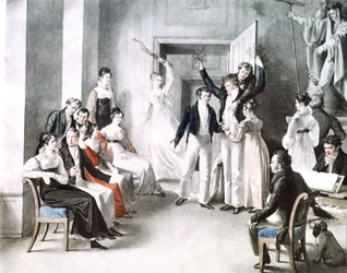 Réunion musicale de schubertiens. Schubert est assis sur la chaise à droite. Aquarelle de Kupelniesen