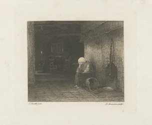 Intérieur avec femme près de la cheminée